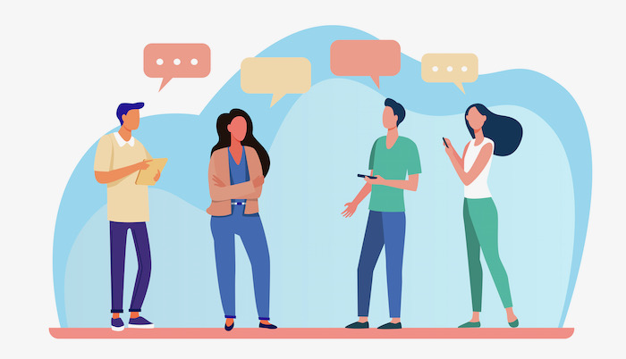 Illustration που δείχνει νέους ανθρώπους που μιλούν και απεικονίζεται με chat bubbles